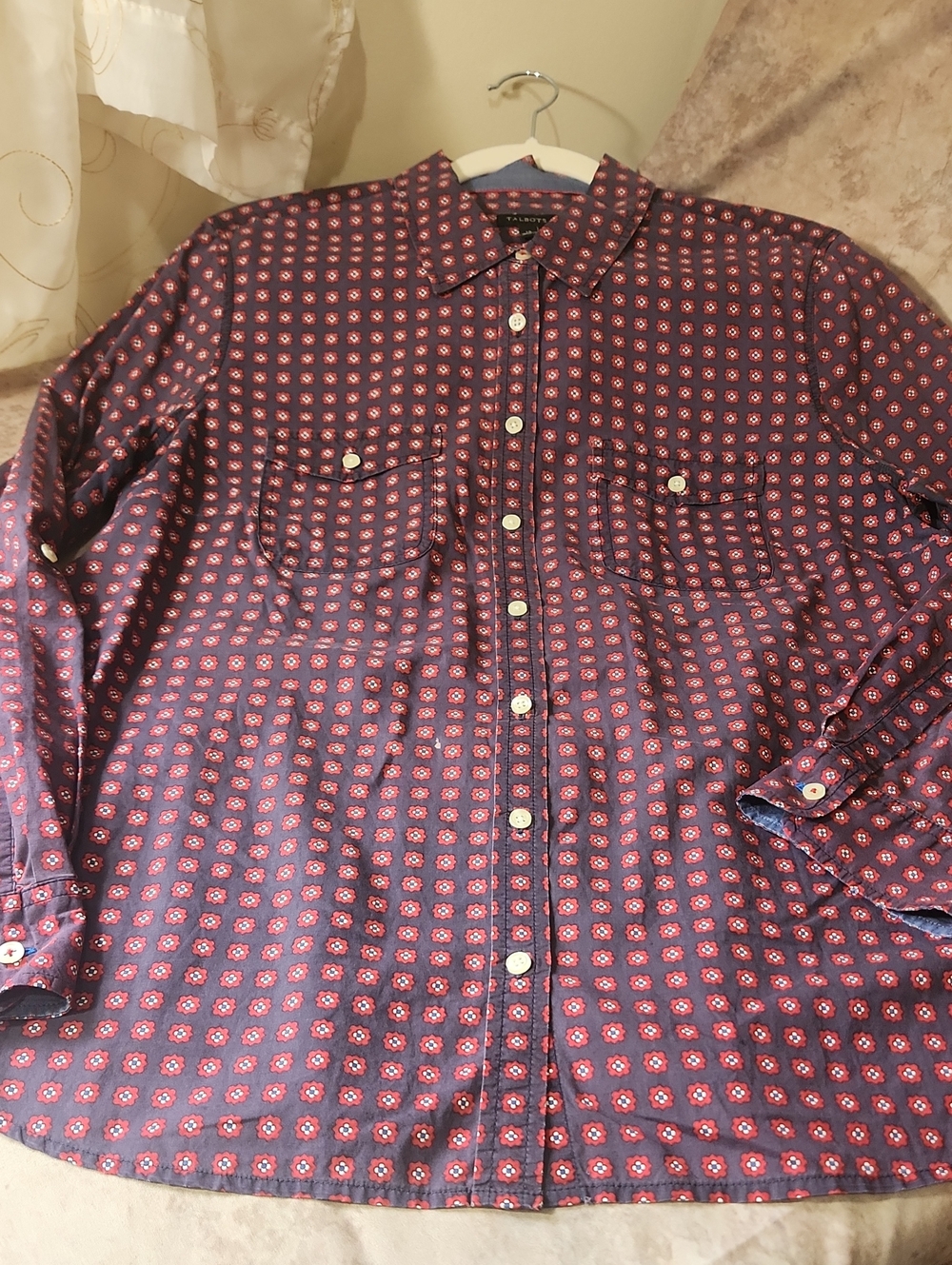 Talbots Women's Vintage Button-Down Shirt - Burgundy with Pink Medallion Print